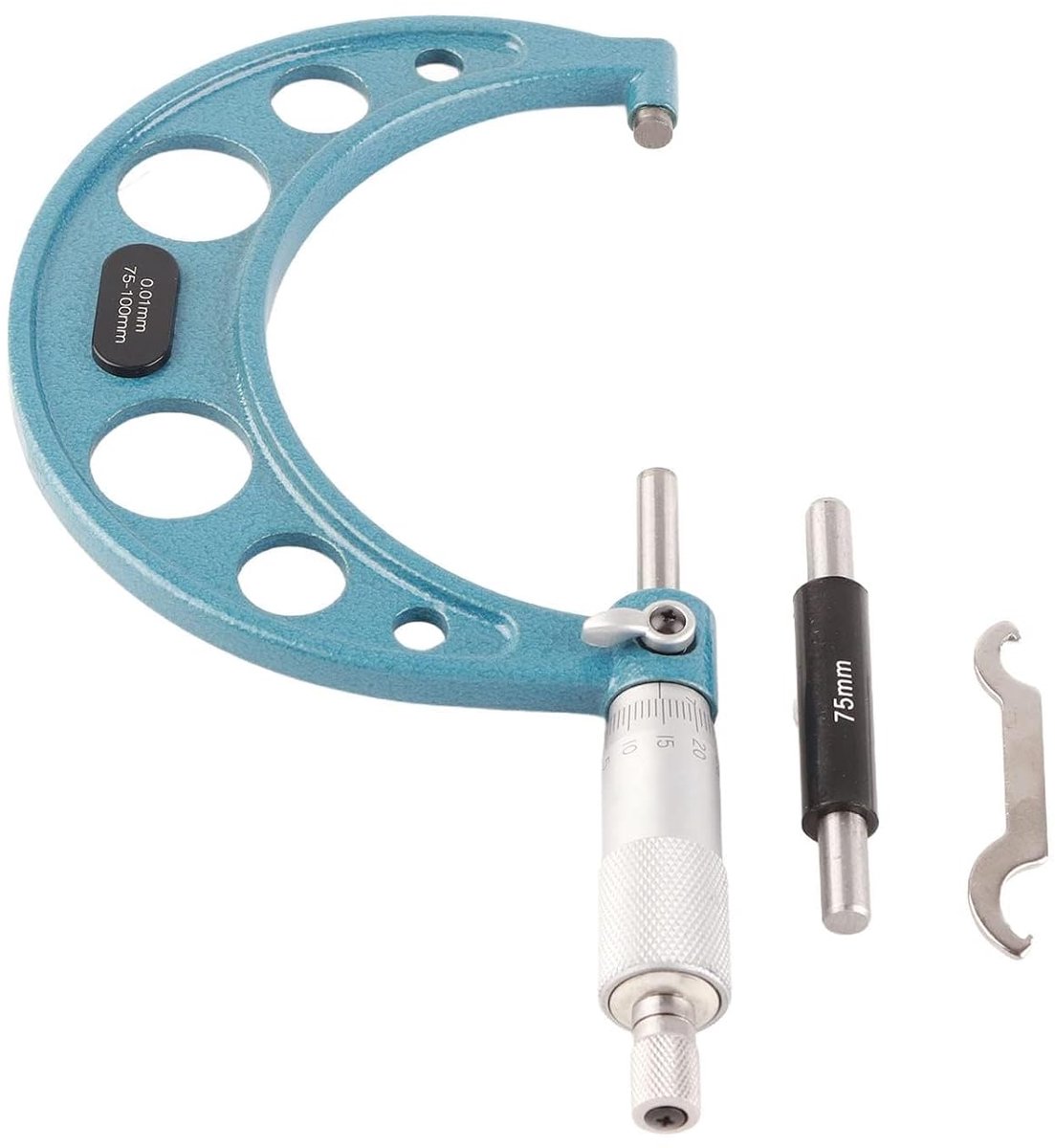 Buitenmicrometer, roestvrij staal, hoge nauwkeurigheid, beugelmeetschroef, diktemeter met sleutel, 0,01 mm, externe micrometer, gereedschap voor nauwkeurig meten van materiaaldiktes (75-100 mm)