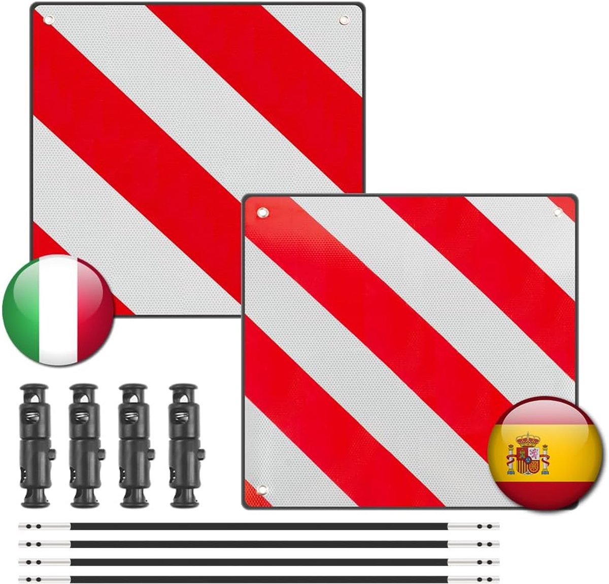 2-in-1 waarschuwingsbord Italië en Spanje, 50 x 50 cm waarschuwingsbord fietsendrager met 4 spankabels, waarschuwingsbord wit rood voor camper, fietsendrager, caravan