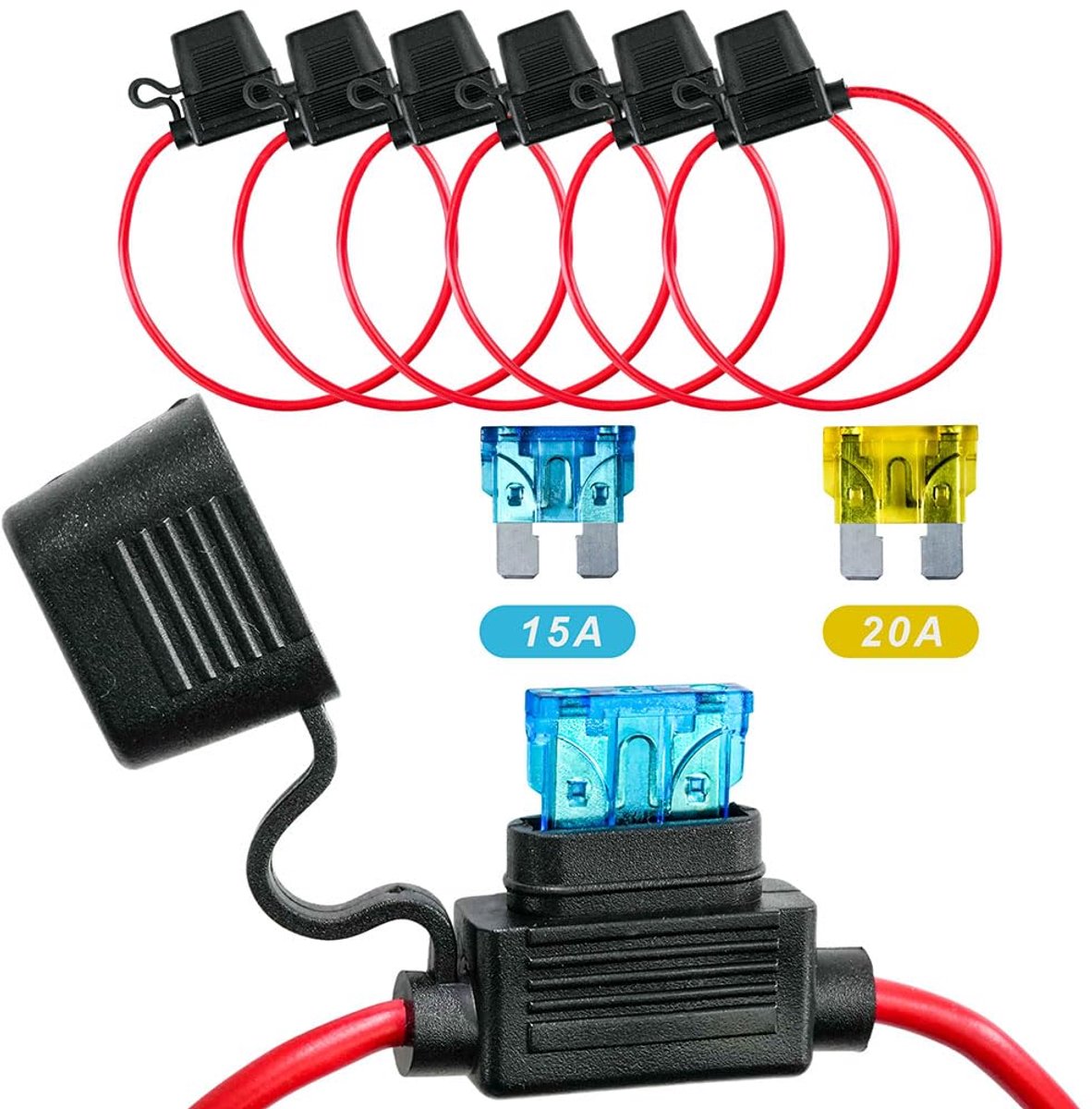 6 stuks 14 AWG zekeringhouders voor auto, vrachtwagen, motorfiets, boot, waterdicht met inline platte zekeringen, koperen kabel, 3 x 15 A, 3 x 20 A