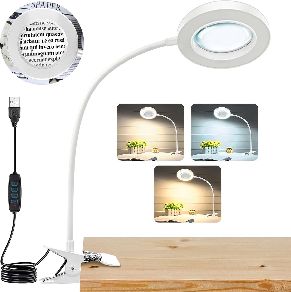 SnelShoppen - Vergrootglas met Licht, USB Voeding, 10x Vergroting met 3 Kleuren, Metalen Klem voor Circuitborden, Reparaties, Creatief Werk, Lezen, Bo