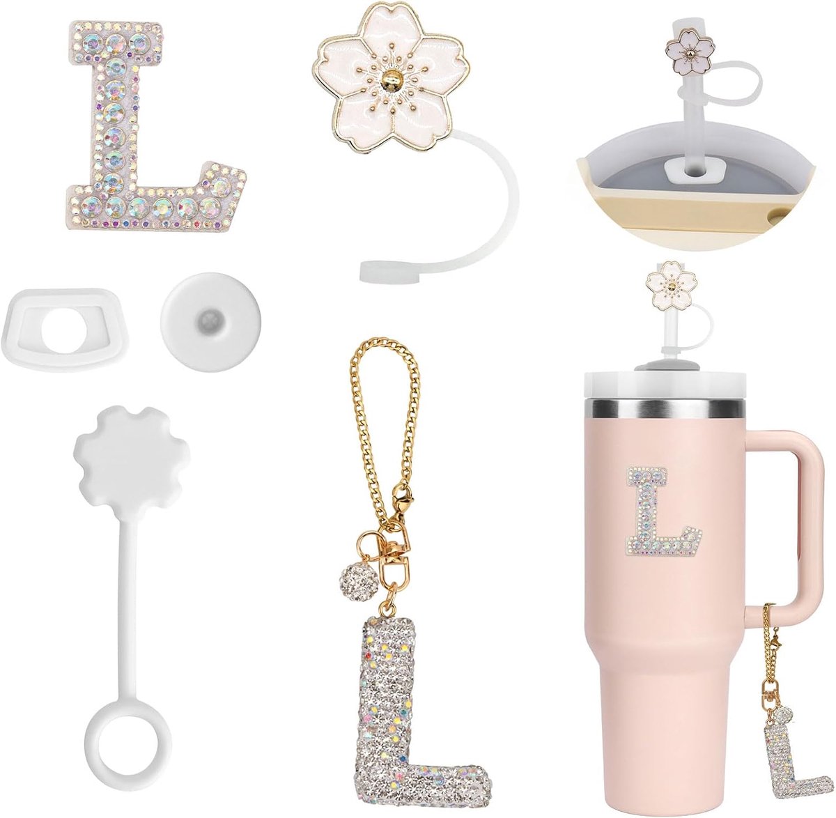6 stuks gepersonaliseerde tumbler-accessoires voor Stanley Cup, deksel voor rietje, initiaaldecoratie voor tumbler, letterstickers, letterbedels en lekstop voor Stanley Cup (L)