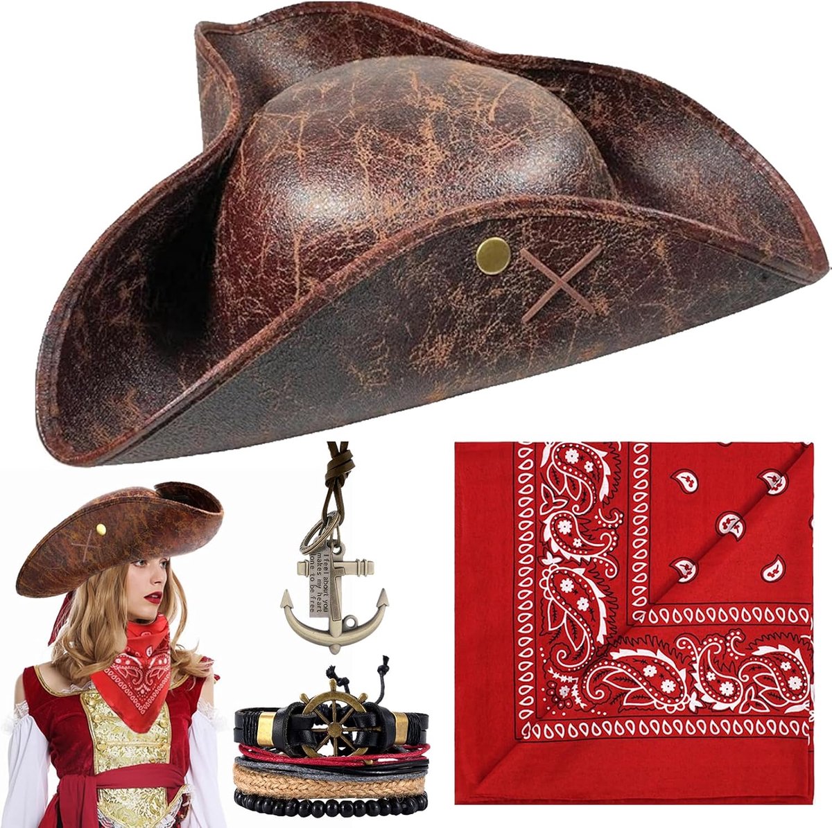 Piratenhoed, set van 4 stuks, piratenkostuum, accessoires, piratenhoed voor volwassenen, piratenhoofddoek, piratenhoed, middeleeuwse piratenhoed, heren, kostuum, Halloween, damesko