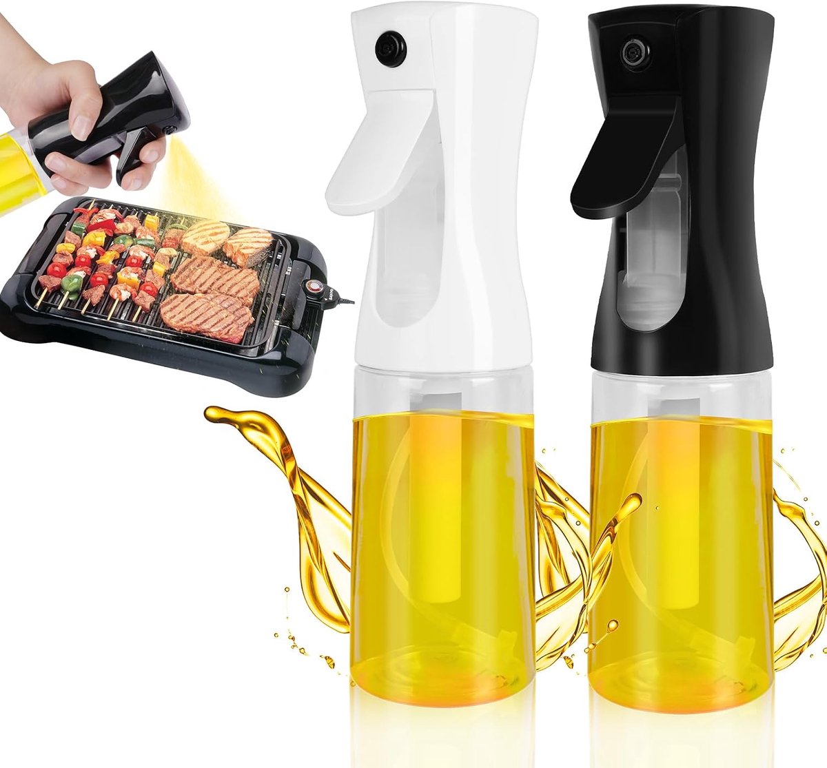 oliespuit, 200 ml oliespuitfles, hervulbare transparante olijfoliespuitdispenser, draagbare oliespuit voor dagelijks koken, oliemisterflessen (zwart+wit)