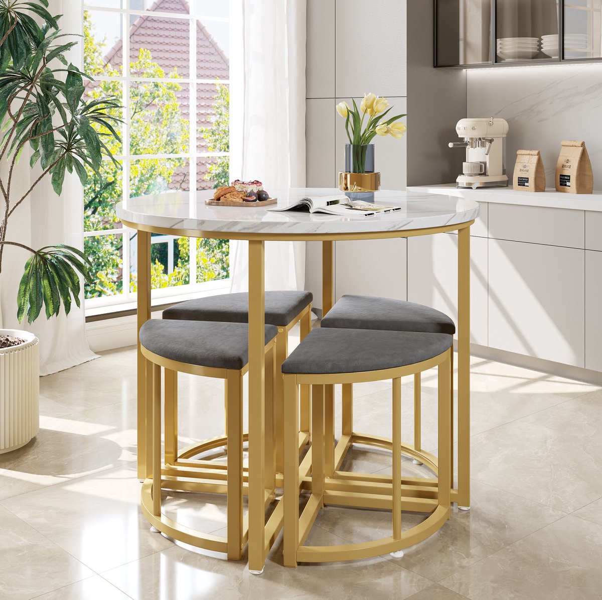 COVREO Eettafelset 80x80x75 cm wit en grijs, MDF en metaal, 4 zitkrukken