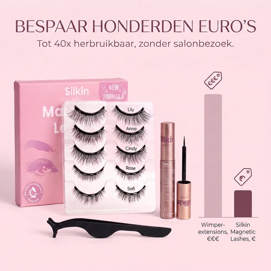 Verpakking met 5 paar magnetische wimpers, applicator en eyeliner. Bespaar honderden euro's.