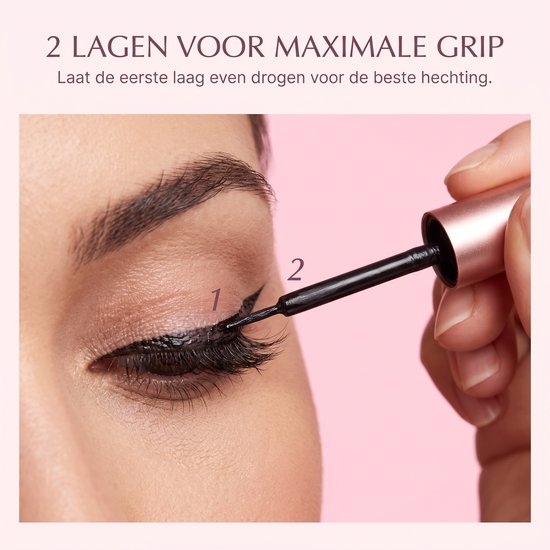 Close-up van oog dat magnetische eyeliner aanbrengt met een applicator, met '1' en '2' gemarkeerd.