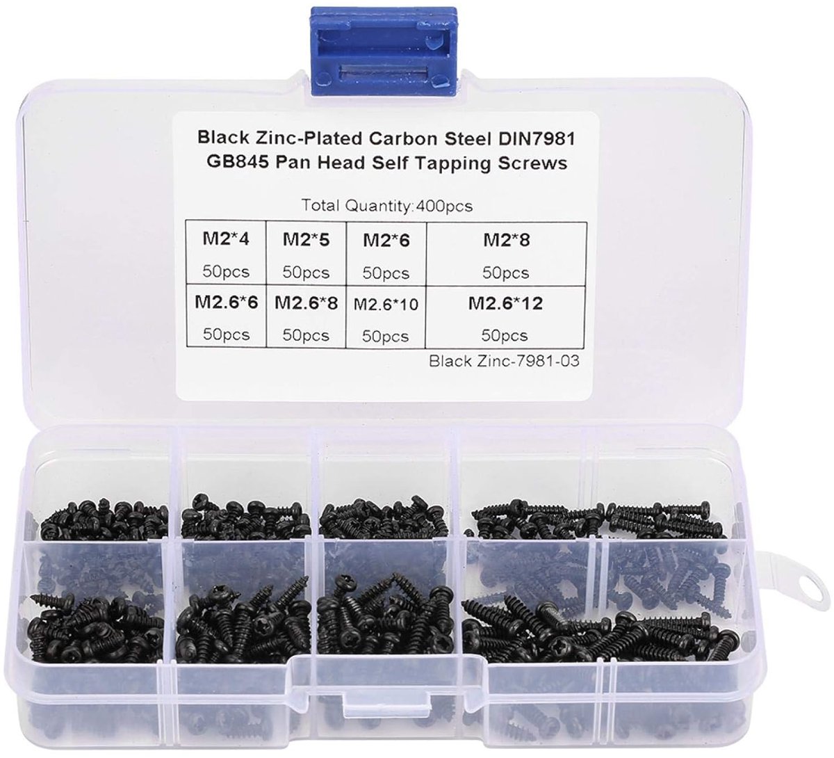 SnelShoppen - 400 Stuks Zwarte M2/M2.6 Pan Head Zelftappende Schroeven Set Assortiment Kit - Diverse Maten voor Klussen en Doe-het-zelf Projecten