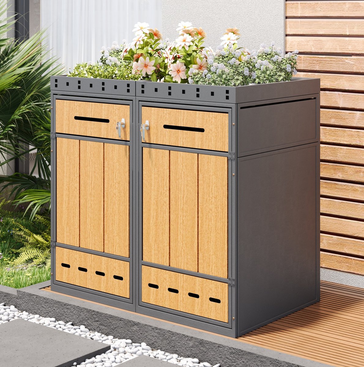COVREO Containerberging 132x80x124 cm grijs, metaal 2-delig met plantbak