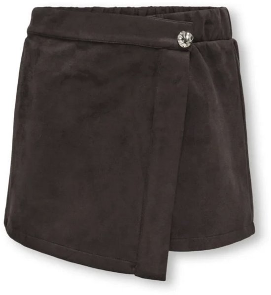 Donkerbruine skort met overslag voorpand, elastische tailleband en opgestikte knoopsluiting.