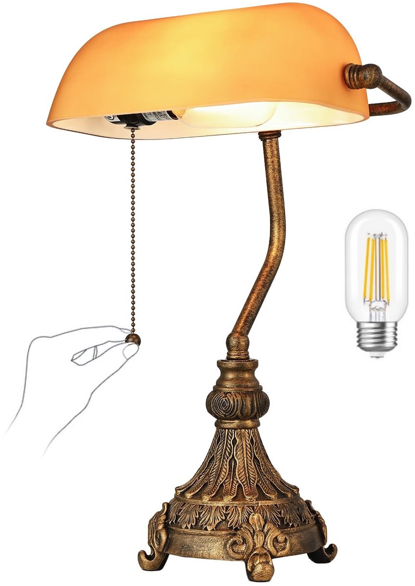 Omgoods - Vintage Amber Glazen Bankiers Bureau Lamp met LED