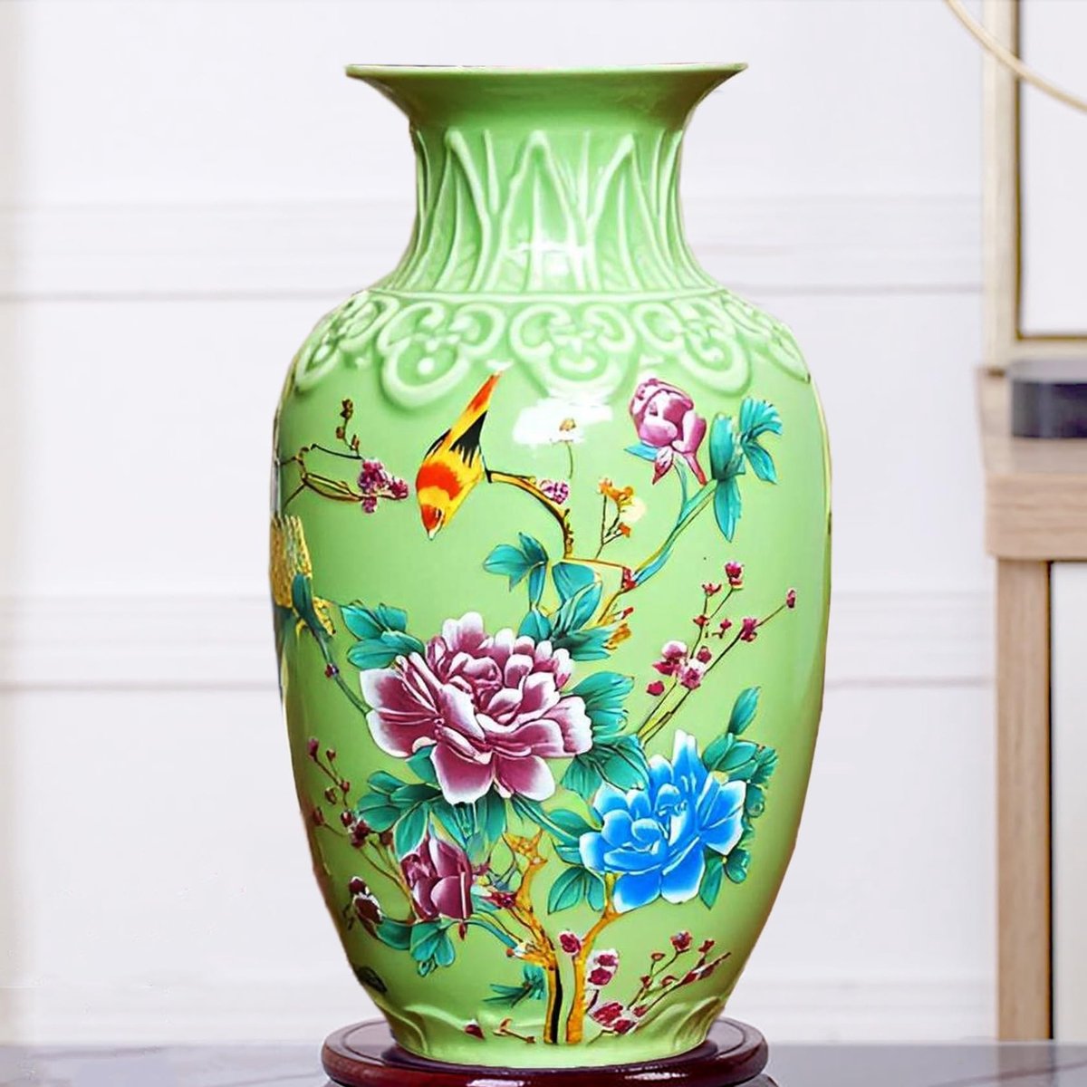 Omgoods - Porselein Vaas met Kleurvolle Bloemen voor Huisdecoratie