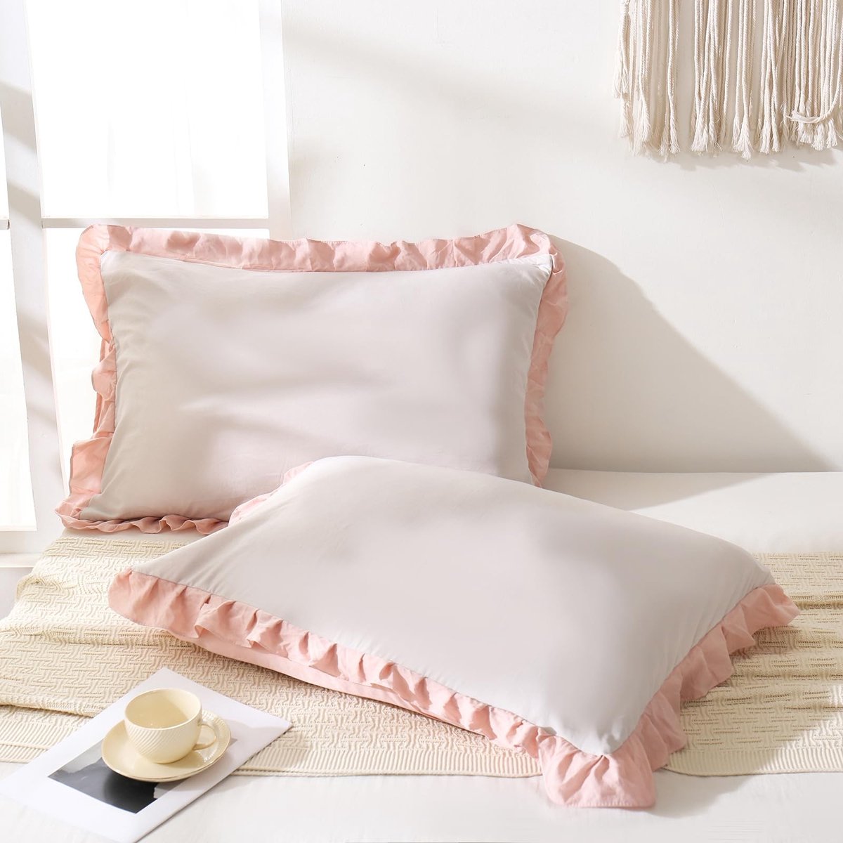 Omgoods - Beige Roze Gerimpelde Kussenhoezen - Set van 2, 50x75 cm, Omkeerbaar