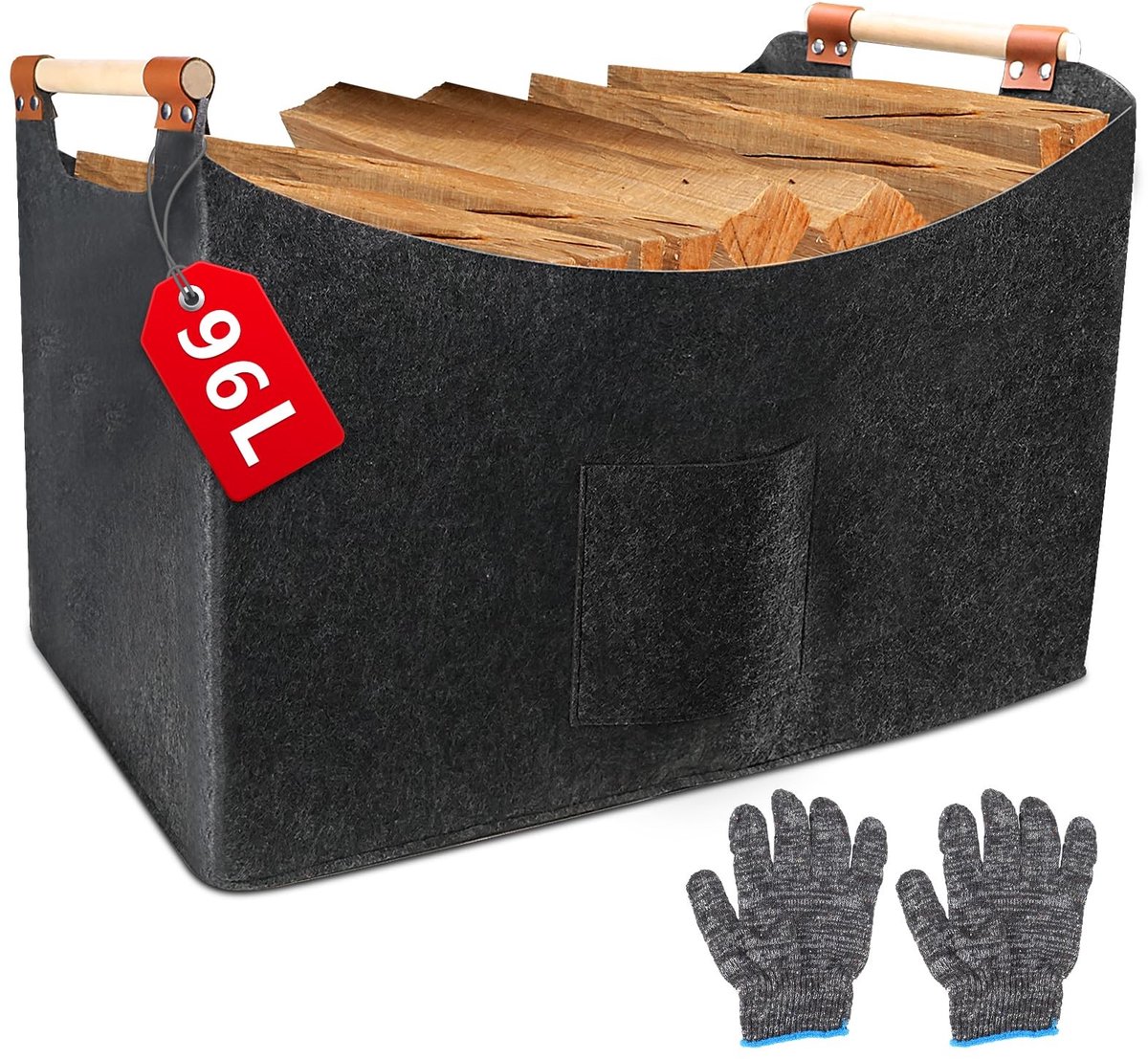 Omgoods- Brandhoutmand XXL 96 l - Opvouwbare Mand - Vilt - Houten Handvat - Handschoenen - Slijtvast en Stootvast - Opbergmand