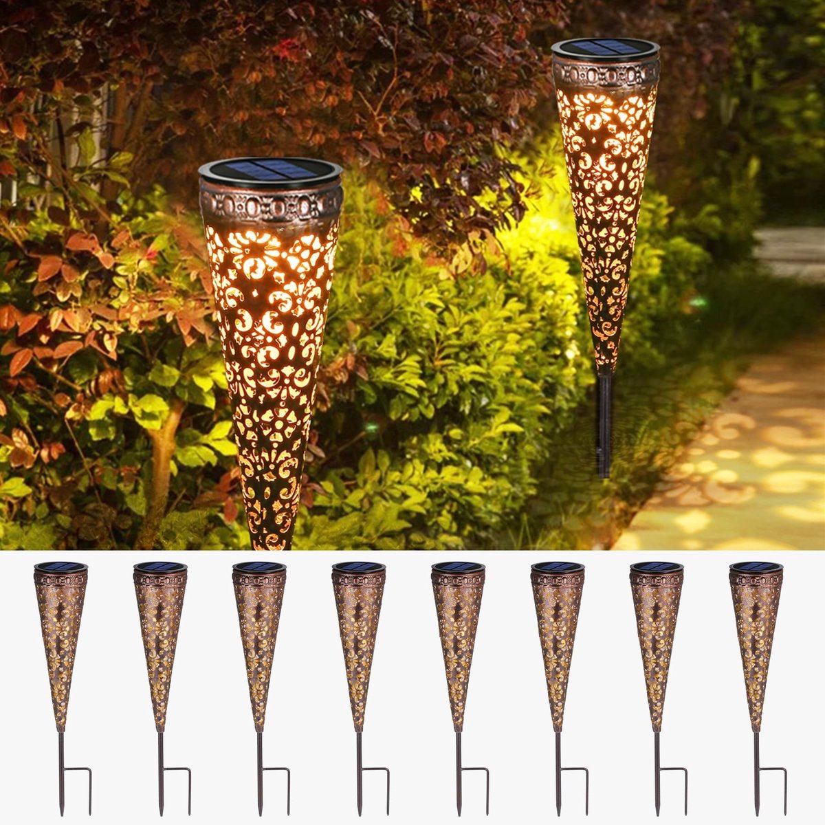 Omgoods - Set van 8 LED Solar Tuinlampen met Waterdichte Metalen Behuizing