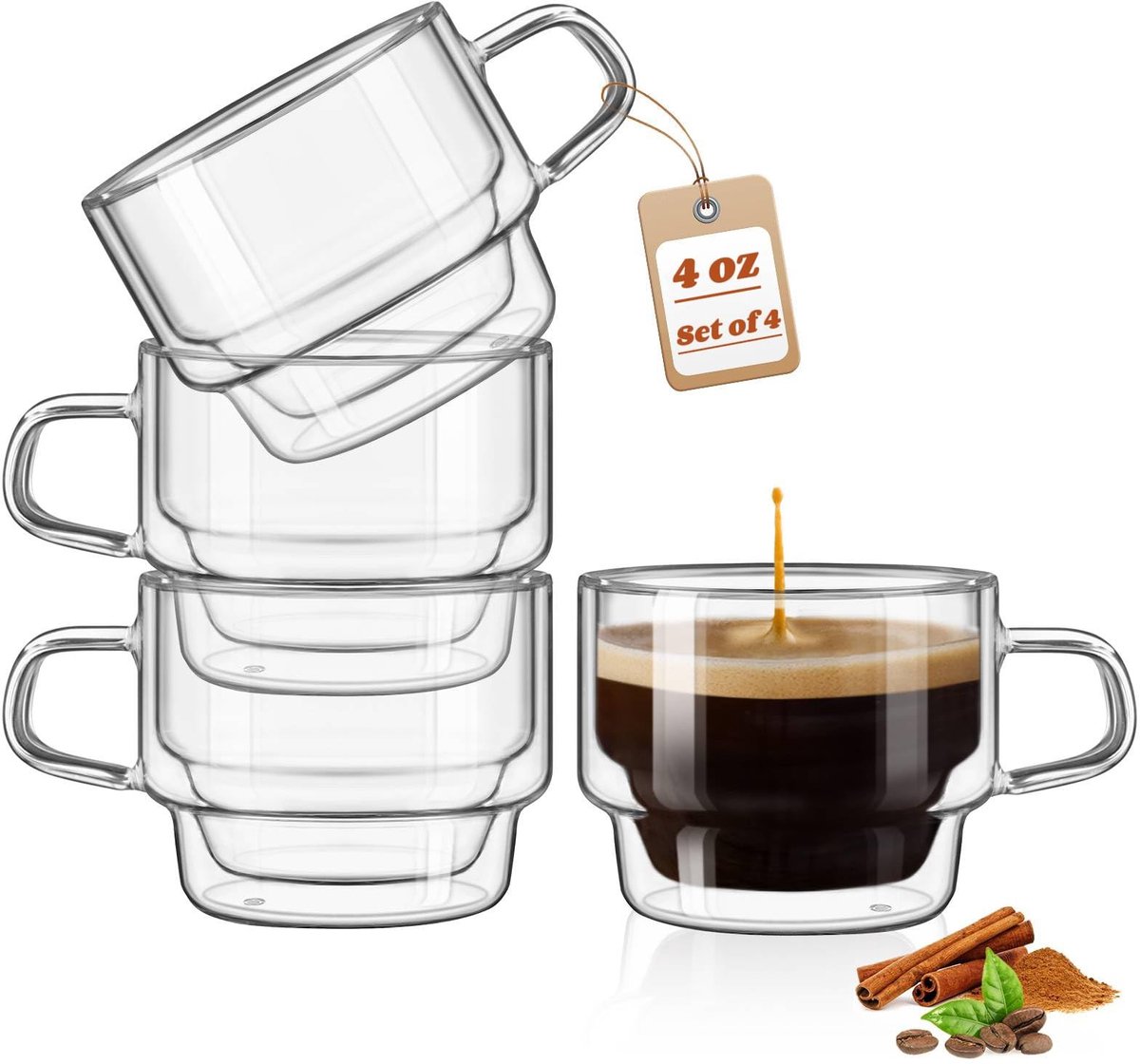 Omgoods - Set van 4 Dubbelwandige Espresso Glazen, 120 ml