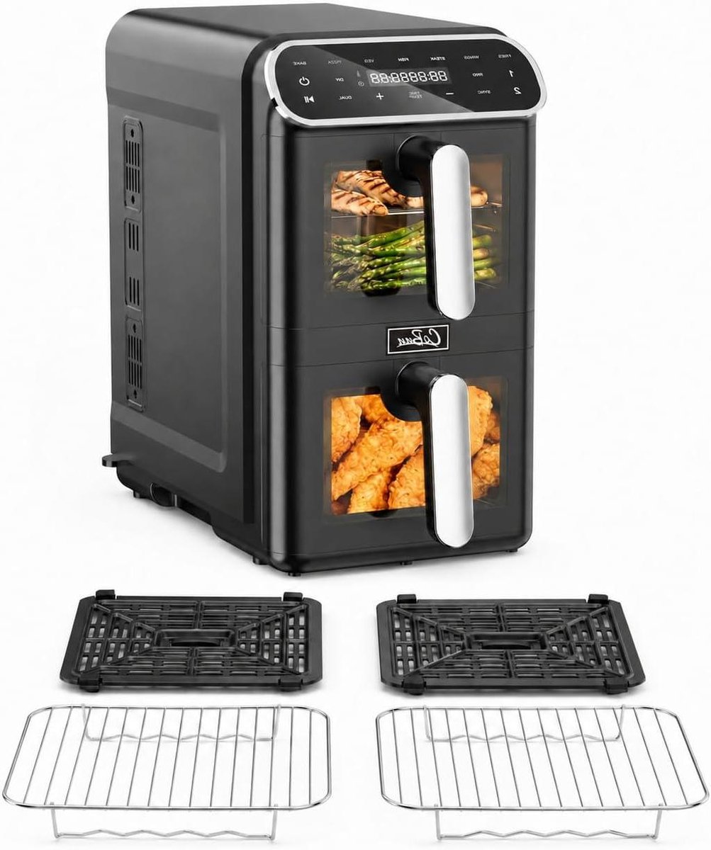 Heteluchtfriteuse - Airfryer Dubbele Kamer - Gezond Koken - Twee Kamers Boven Elkaar - 11 Liter - Zwart