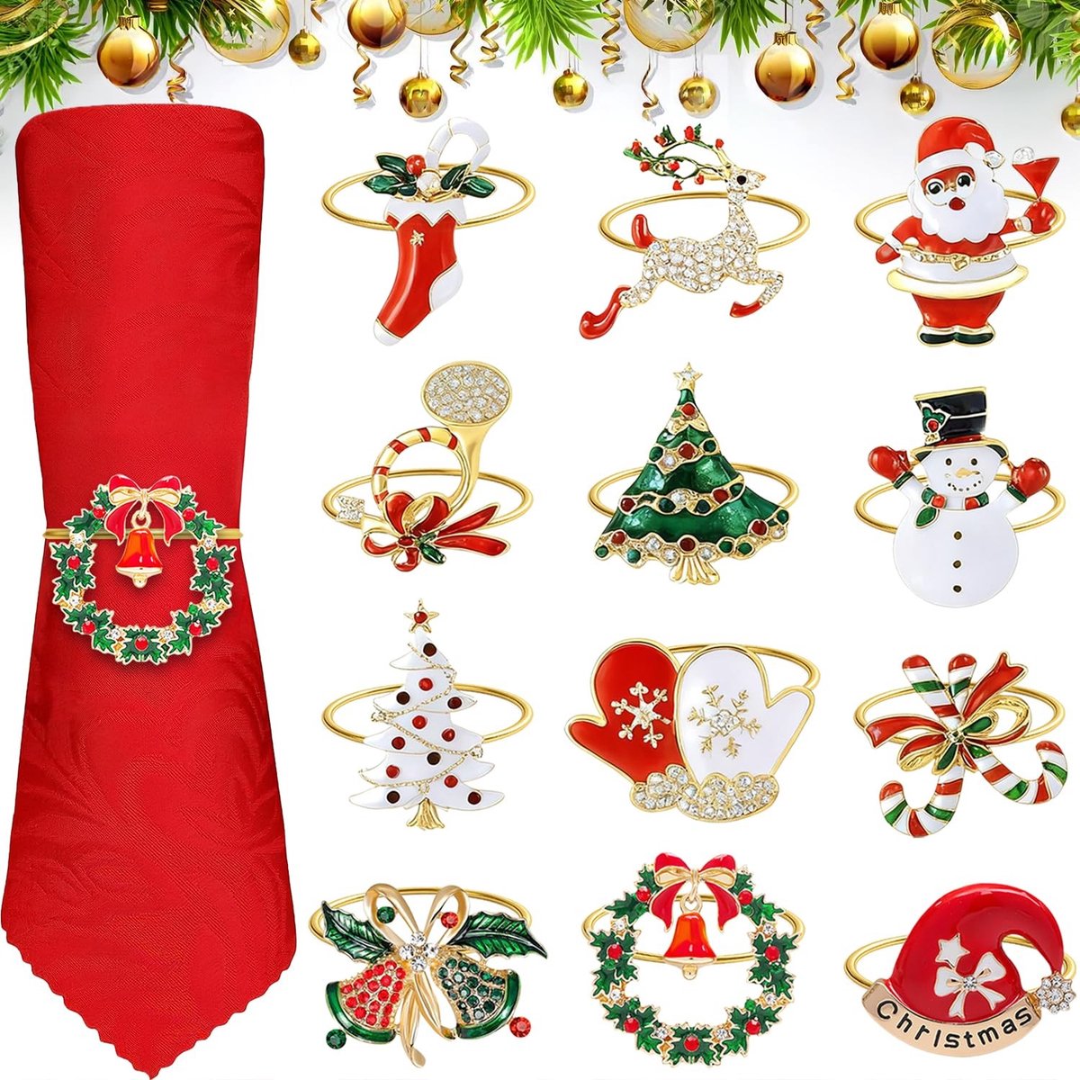 Omgoods - Set van 12 Kerst Servetringen met Diverse Figuren