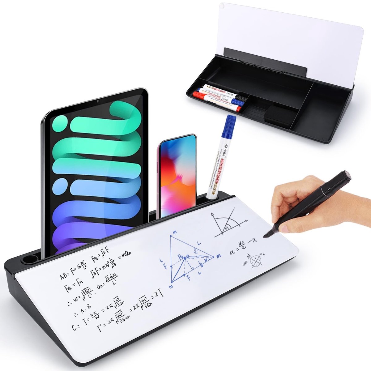 Omgoods - Glazen Whiteboard Bureau Organizer met Opslag voor Notities - Inclusief 3 Markers en 2 Notepads