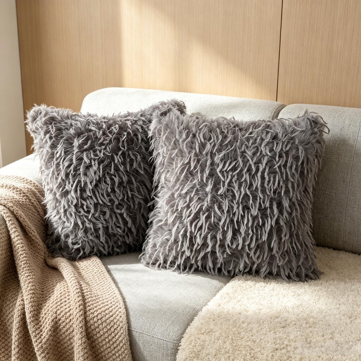 Omgoods - Set van 2 Kussenslopen 45x45 cm Grijs met Faux Fur