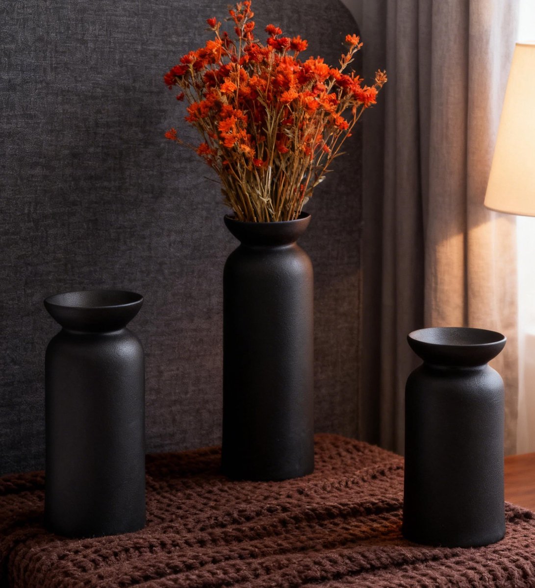 Omgoods - Set van 3 Zwarte Keramische Vazen voor Minimalistische Decoratie