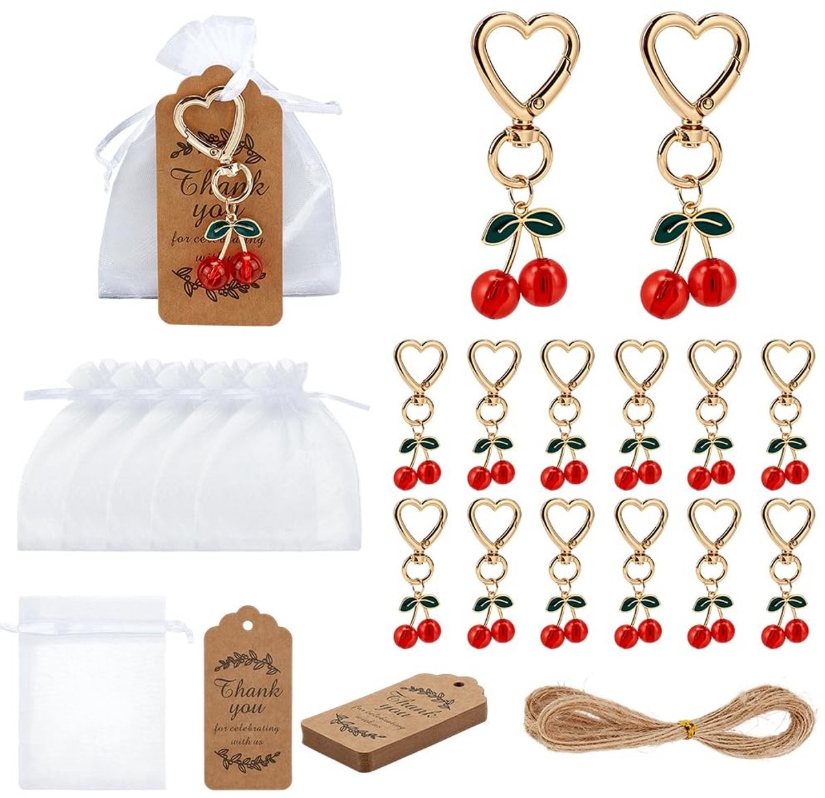 Omgoods - Set van 22 Kers Sleutelhangers met Organza Zakjes