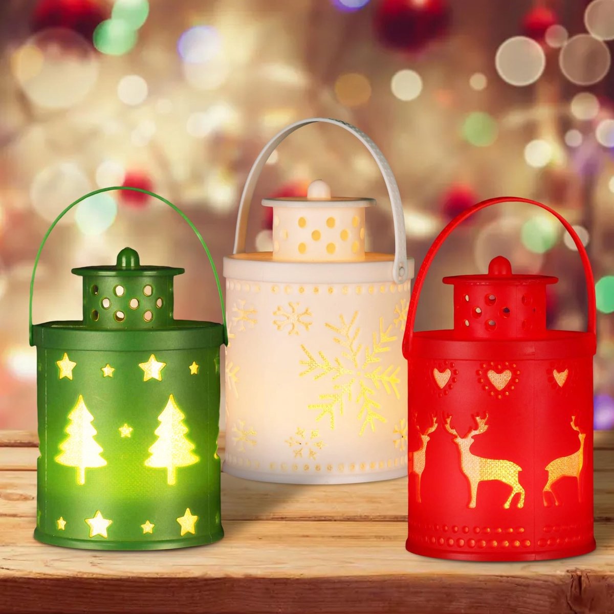 Omgoods - Kerstdecoratie - Vlamloos windlicht - Hangende led-kerstlantaarn - 14 cm sfeerlicht - Warm wit licht - Voor tuin en huis - 3 stuks