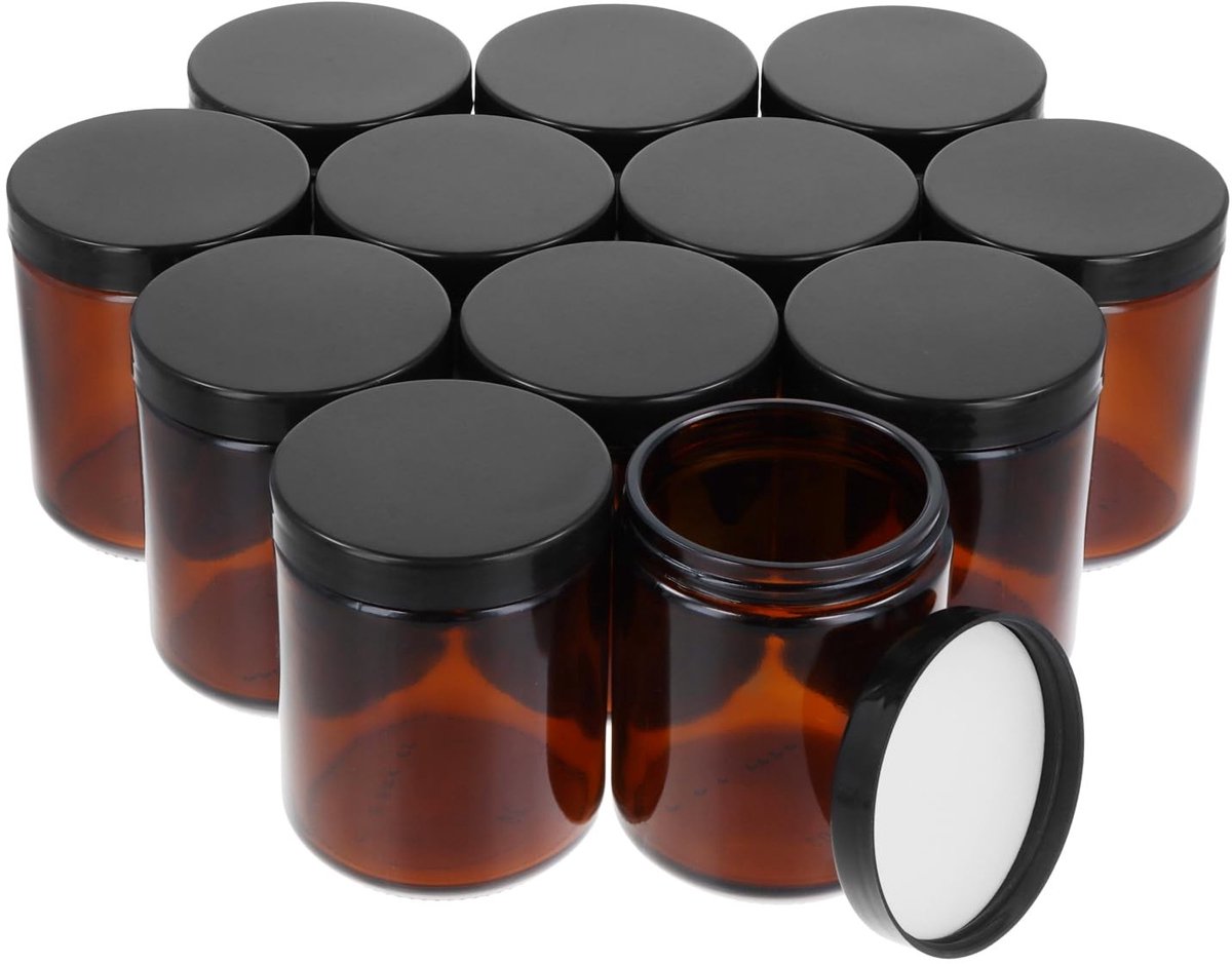 Omgoods - Set van 12 Lege Amberglazen Potten met Zwarte Deksels - UV-Beschermende Containers