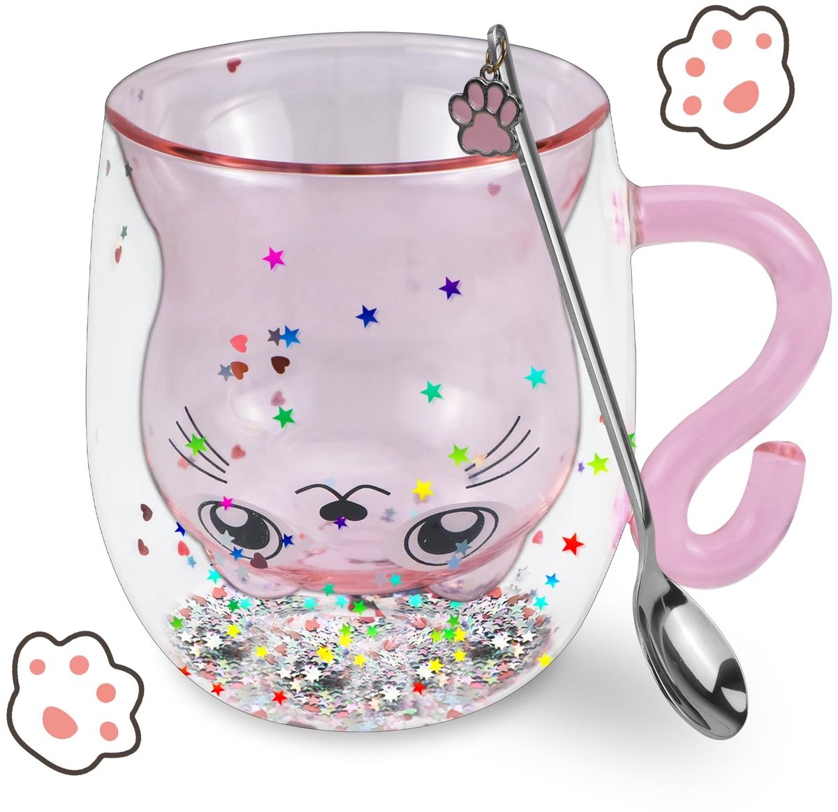 Omgoods - Dubbelwandige Glazen Kat Mok met Lepel 300ml