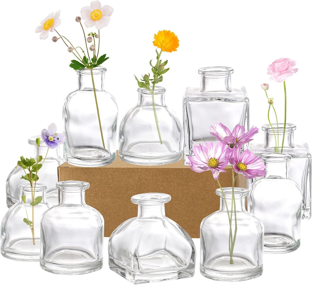 Glazen bloemenvaas set van 10 - Kleine decoratieve vases - Mini tafelvaas met vintage uitstraling - ShopVlot