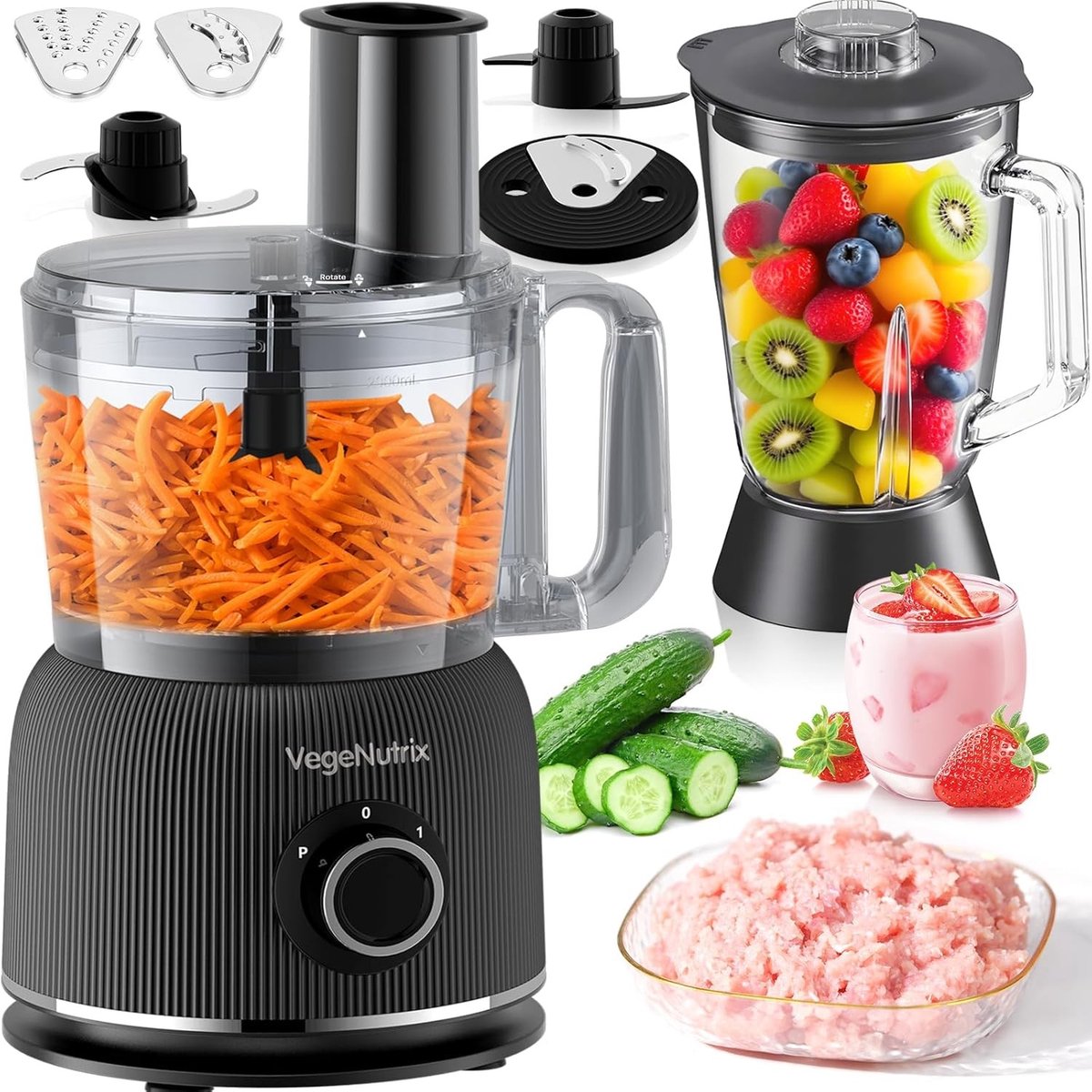 Keukenmachine en Blender Combinatie - 1500W Motor - 2,5L Hakmolen + 2L Glazen Blender - 2 Snelheden en Pulsfunctie