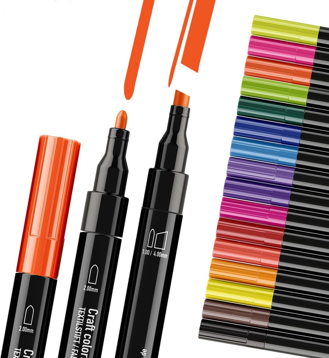 Craft colors® Textielstiften PRO dubbele punt, 18 x textielmarkers, wasmachinebestendig, heldere permanente - ShopVlot