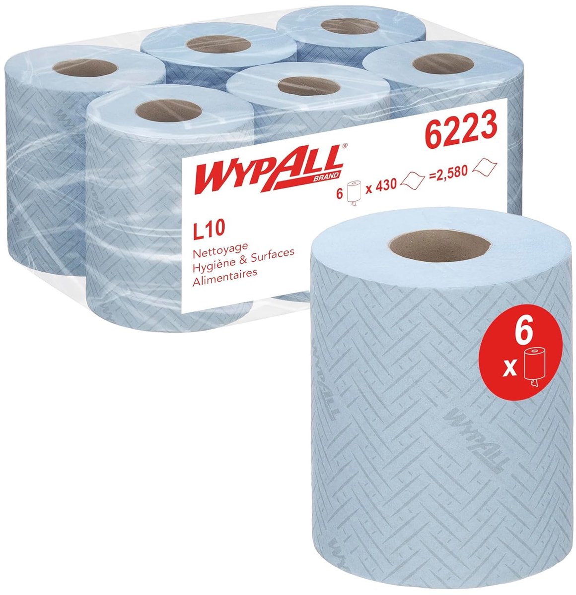 SnelShoppen - WypAll Voedsel en Hygiëne Wrijfpapier L10 Centrefeed 1-laags Blauw (6 rollen x 430 vellen) voor Keuken, Voedselbereiding, Onderhoud