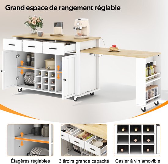 FloraGrace Keukeneiland - Uitschuifbaar Werkblad Met Stopcontact En Usb - 3 Laden En Wijnrek Voor Keuken - Hout - 136x50x93 Cm - Wit Eiken — afbeelding 4