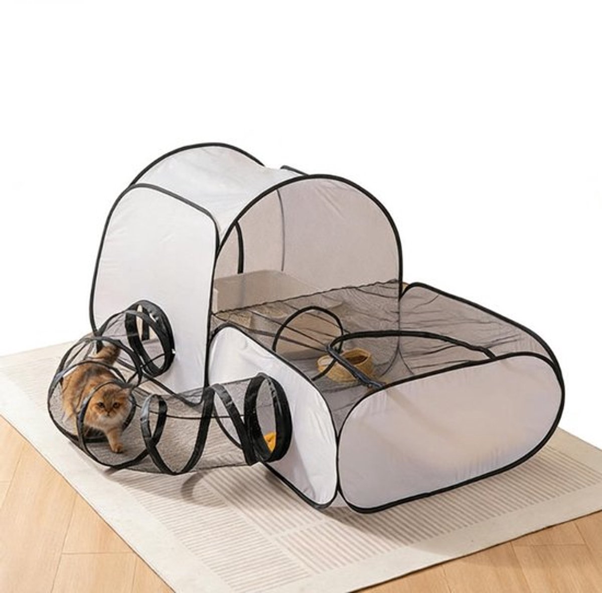Maat L Kattenren met Tunnel - Ademende Kattenverblijf Tent voor Binnen & Buiten - Draagbare Kattenkooi met Draagtas voor Kleine Dieren