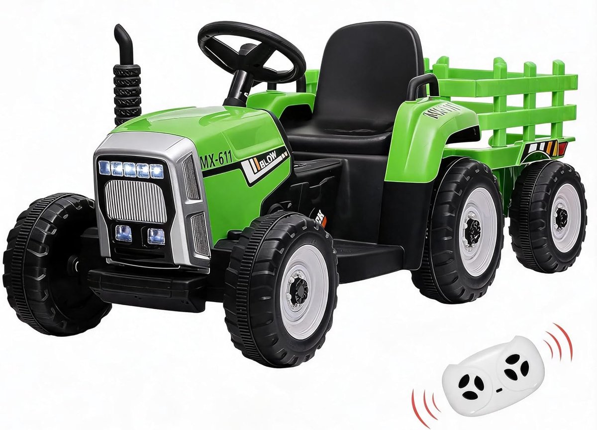 Triumpunpre - Elektrische kindertractor met aanhanger 12V - met afstandsbediening LED-koplampen en muziek tractor - voor jongens en meisjes vanaf 3 jaar - Groen