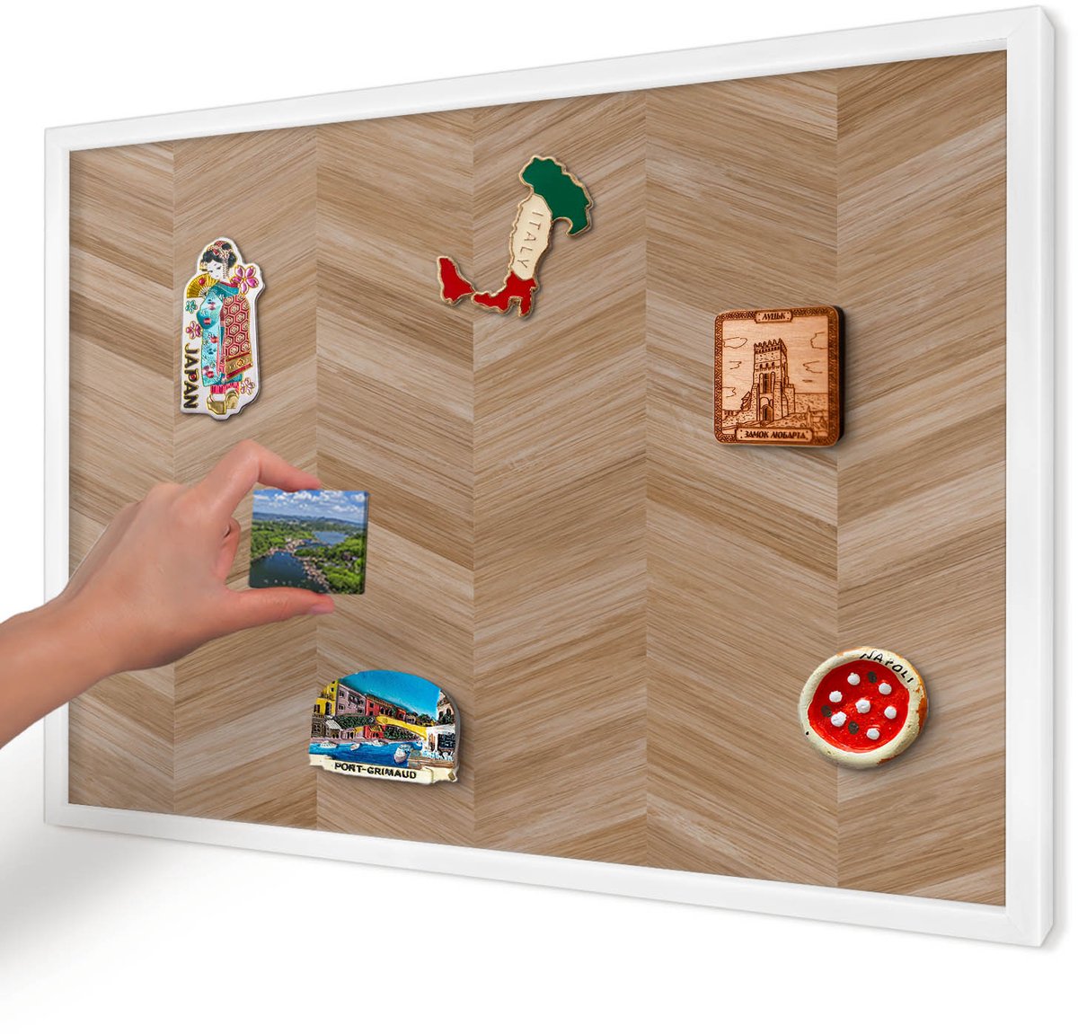 Artprintcave Bruin Magneetbord mit Witte Lijst - 60x40 cm - Houten Visgraatmotief Magnetische Organizer - Rustiek Bord Voor Magneten - Texturen