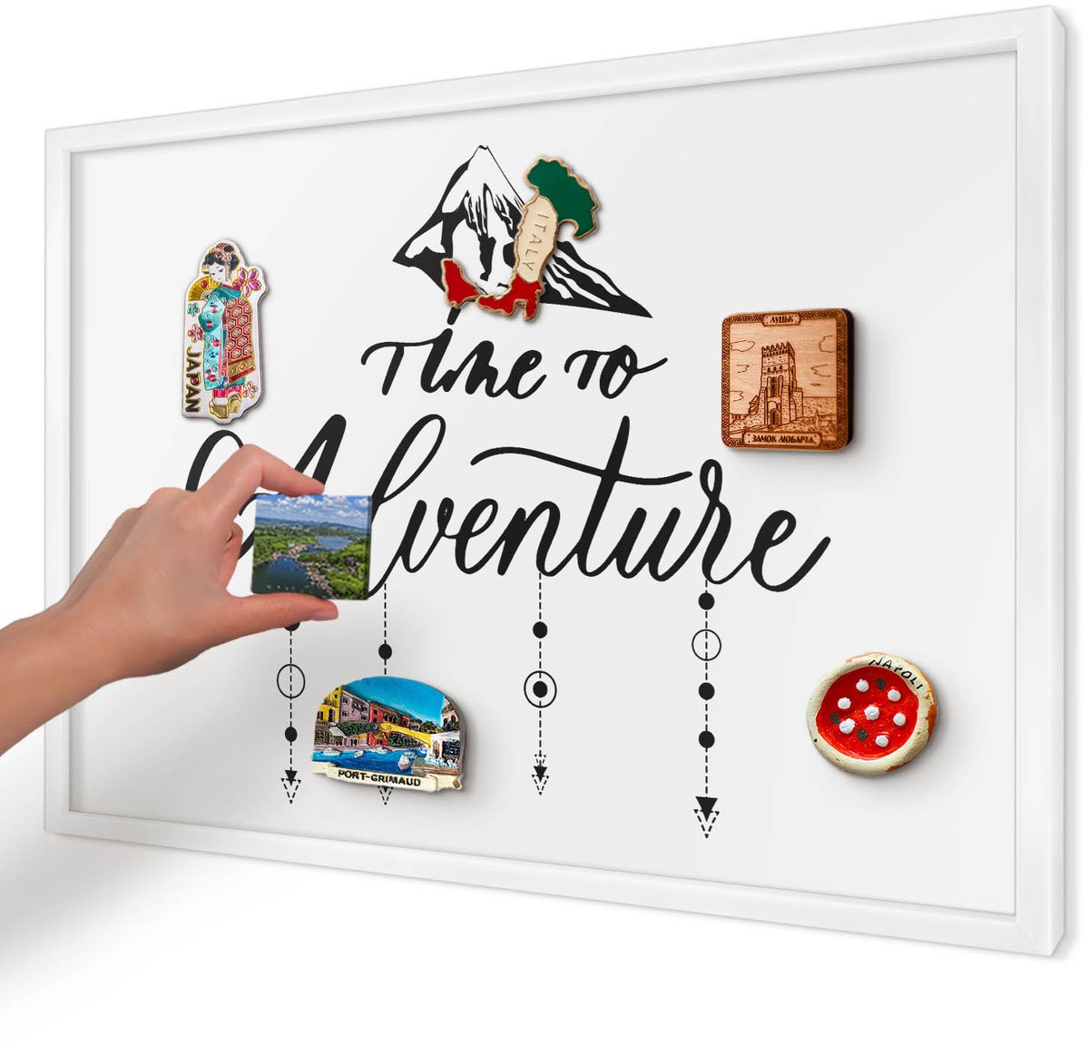 Artprintcave Wit Magneetbord mit Witte Lijst - 60x40 cm - Bergavontuur Magneetbord Voor Keuken - Modern Magneet Bord mit Frame - Teksten