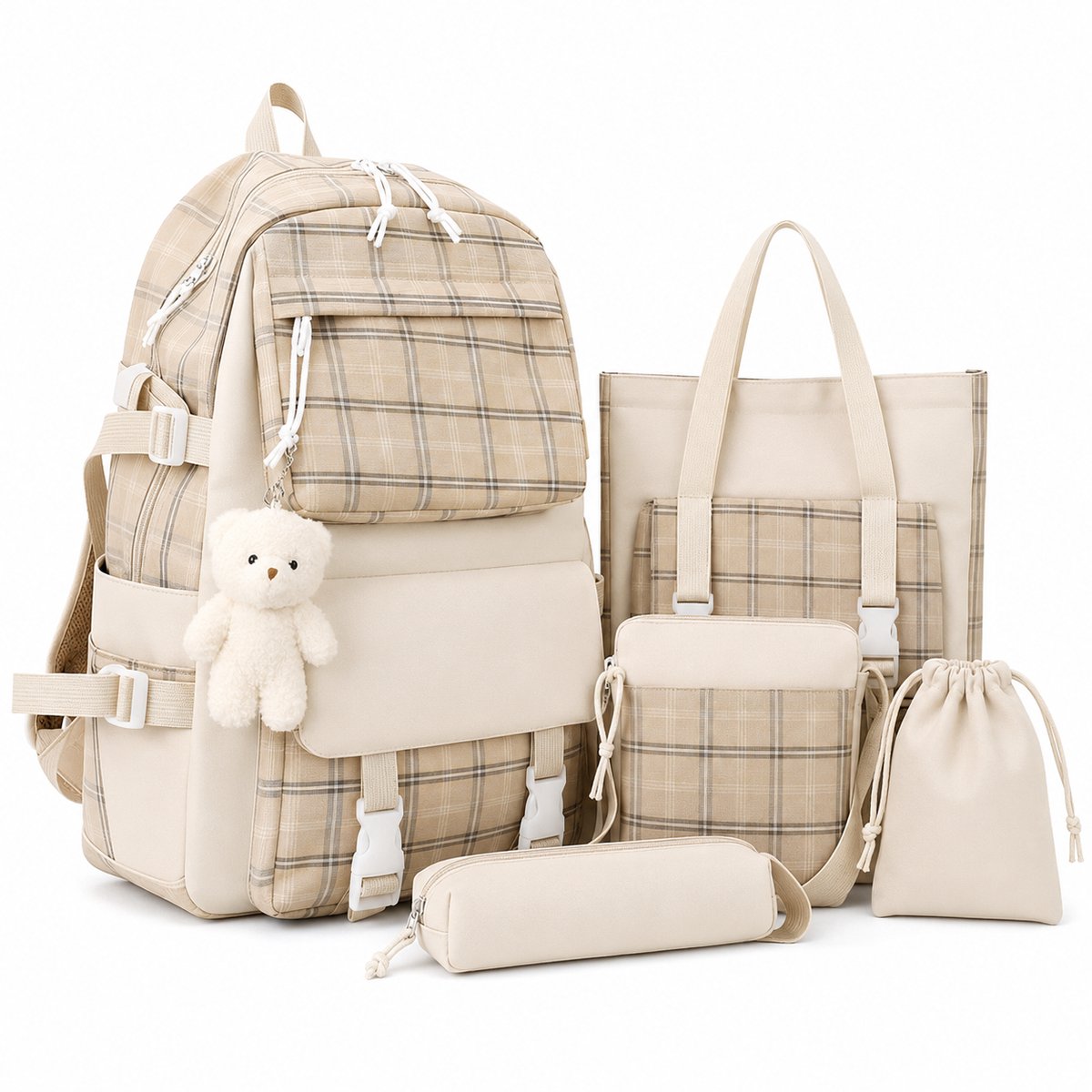 Bobypet - Rugzak Meisje Set - Schattige 5-delige Schooltas Set van Canvas - Kawaii Rugzak met Decoratie voor Meisjes 6-13 Jaar - Inclusief Etui, Schoudertas en Handtas - Back to School Cadeau