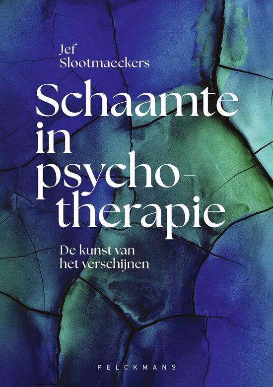 Boekomslag 'Schaamte in psychotherapie' met abstracte, gebarsten blauwe en groene achtergrond. Titel 'Schaamte in psychotherapie' in witte letters.