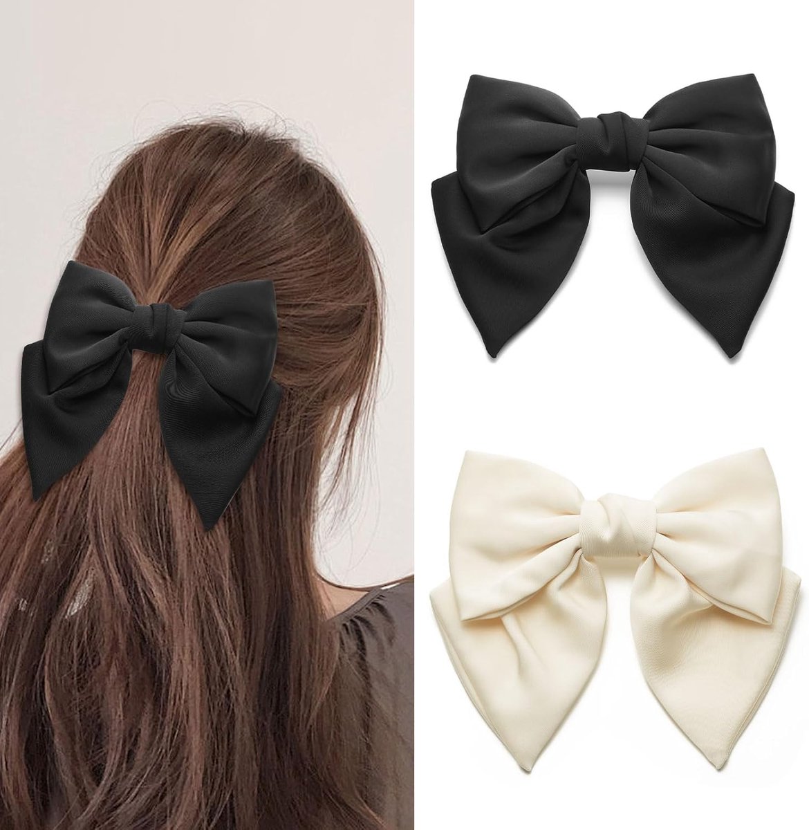 SnelShoppen - 2 Stuks Grote Haarspelden Strik Haarclips voor Dikke en Fijne Haaraccessoires voor Vrouwen Meisjes (Zwart+Beige)