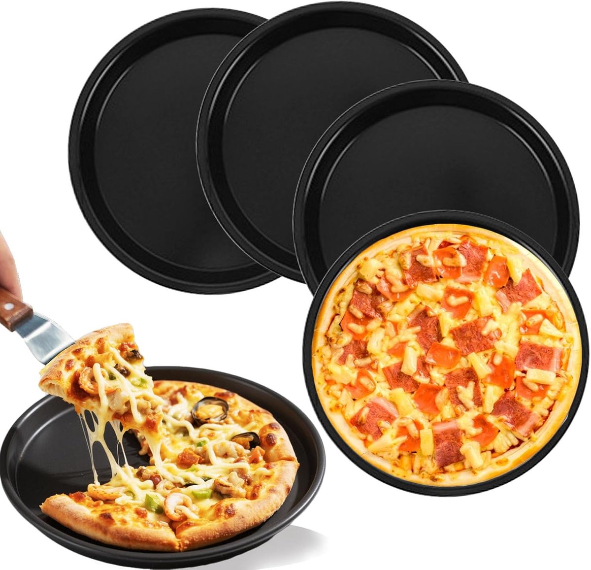SnelShoppen - Pizza Plate Set van 4, Ronde Pizza Platen met Antiaanbaklaag, Zwarte Bakplaten voor Pizza, Quiche, Taart - Gelijke Verdeling van Warmte