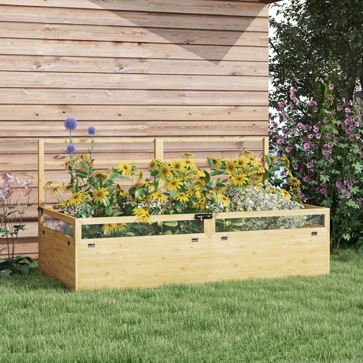 COVREO Plantenbak 183x98,5x95 cm naturel, van hout met klimrek