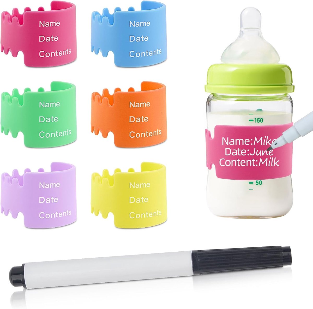 SnelShoppen - Pack van 6 Waterdichte en Herbruikbare Flessenstickers voor Babyflessen, Siliconen Stickers met Stift in 6 Kleuren