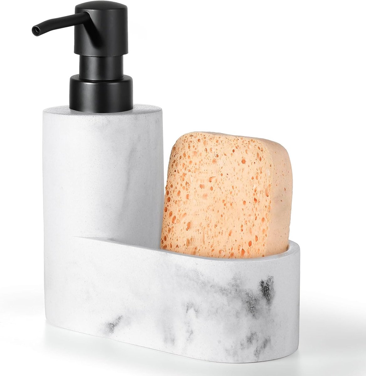 SnelShoppen - Afwasmiddel Dispenser met Sponshouder, Navulbare Keuken Afwasmiddel Pomp, 2-in-1 Aanrechtaccessoire voor Keuken en Badkamer, Grijs Wit