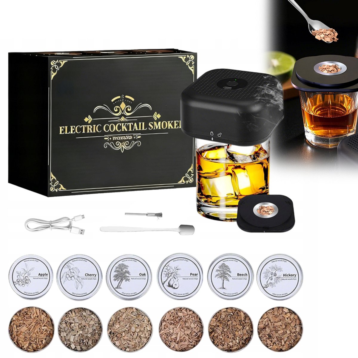 Luxe elektrische whiskyrookset - Whiskyrookapparaat - Inclusief baraccessoires - Cocktailrookapparaat & accessoires - Rookapparaat - Vaderdagcadeau - Zwart