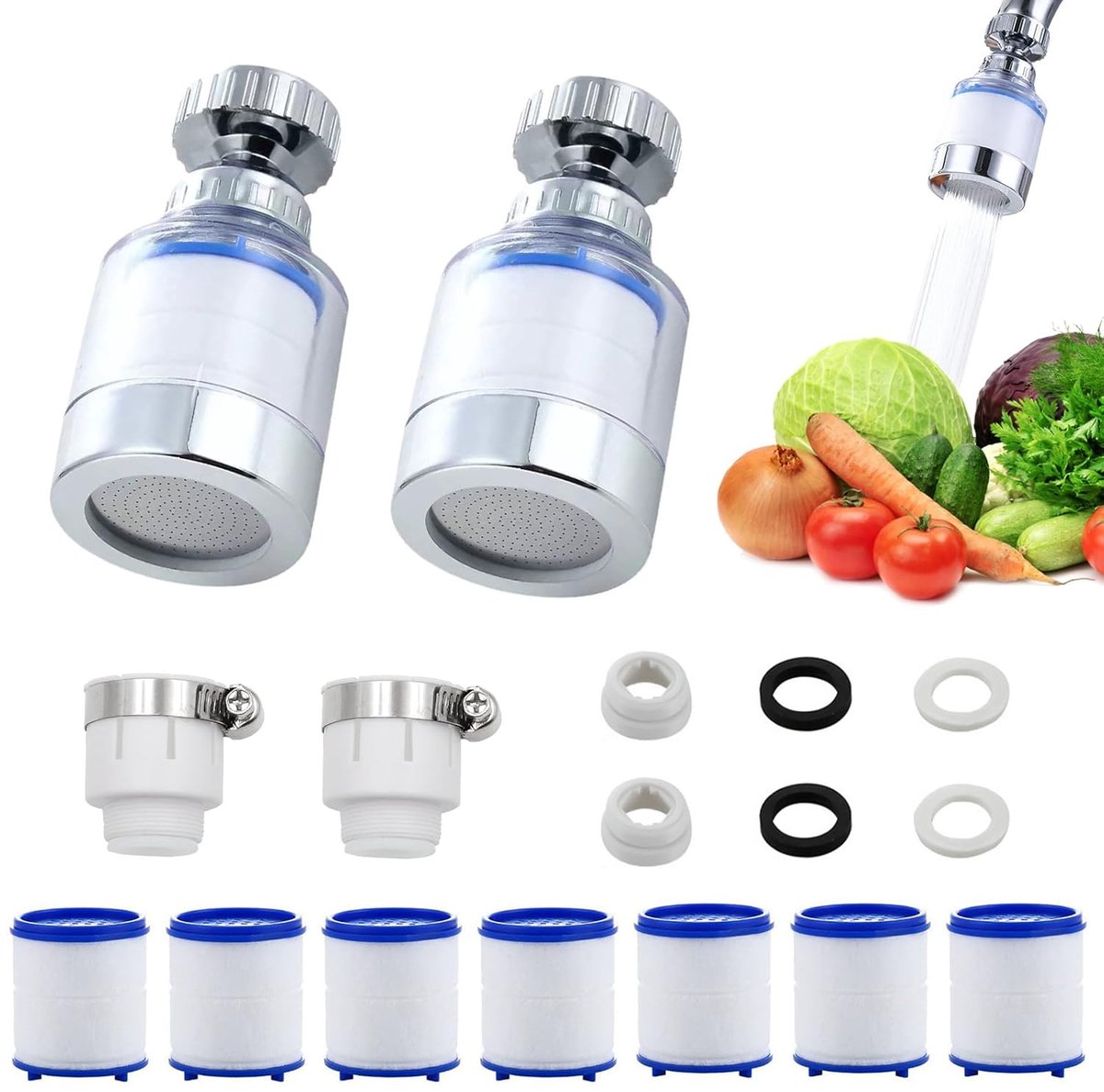 SnelShoppen - 2 Stuks Waterfilter Kraan met 7 PP Katoen Filterelementen, 360° Draaiend, Universele Aansluiting, Ideaal voor Keuken en Badkamer