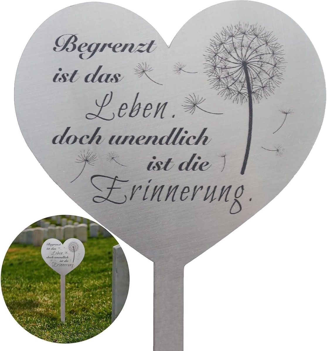 Grave decoration, weatherproof, stainless steel, heart, tomb decoration with saying du Begrenzt ist Das Leben Doch - ShopVlot