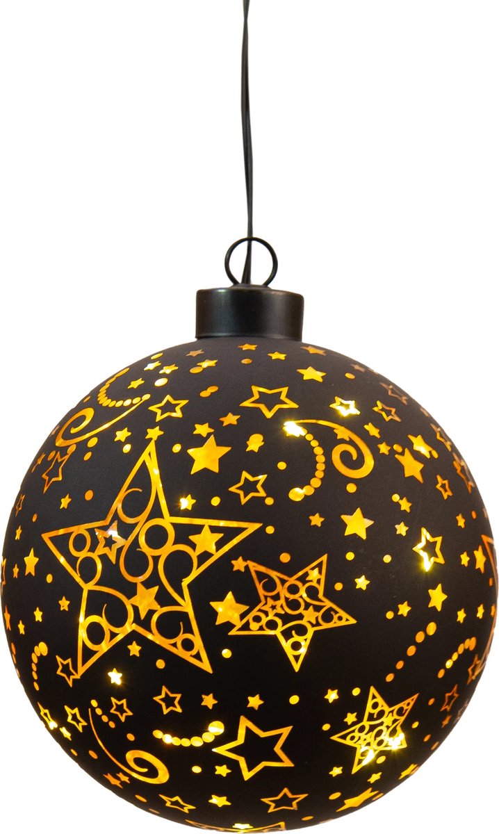 Annas collection - Led bal glas sterren dia. 12 cm zwart/goud