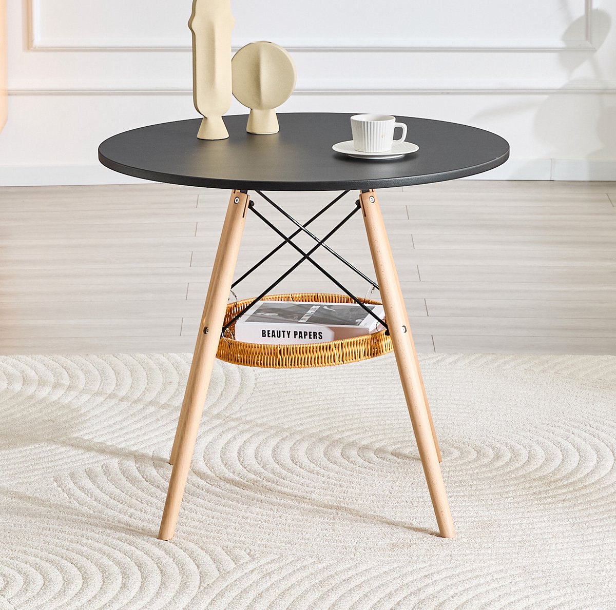 DESMIU Eettafel - Ronde Tafel Met Opbergmand Voor 2 Tot 4 Personen - Scandinavisch Voor Eetkamer En Balkon - MDF En Hout - 80x80x71,5 Cm - Zwart