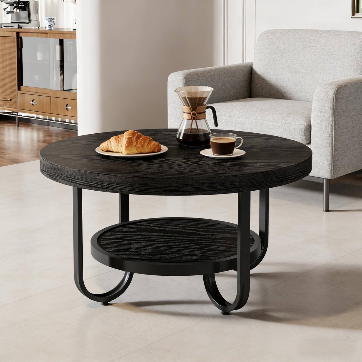 DESMIU Salontafel - Ronde Tweelaagse Tafel Met Onderblad - Voor Woonkamer Logeerkamer En Kantoor - MDF En Metaal - 79,8x44,8 Cm - Zwart